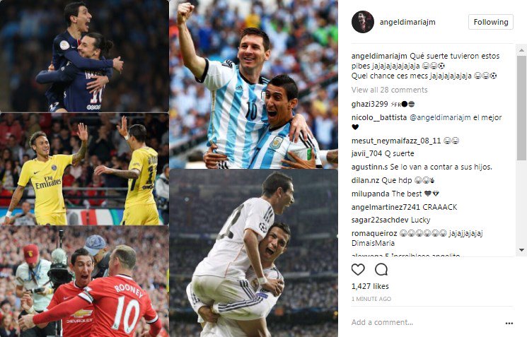 Di María presume fotos con CR7, Messi, Zlatan, Rooney y Neymar