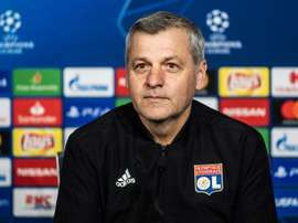L'entraîneur de Lyon Bruno Genesio en conférence de presse le 18 février 2019 veille du match face au FC Barcelone en Ligue des champions