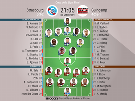 Alineaciones de Estrasburgo y Guingamp para la final de la Copa de la Liga francesa. BeSoccer