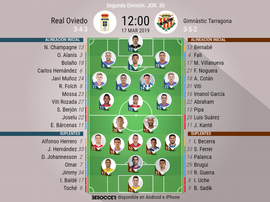 Alineaciones del Oviedo y el Nàstic de Tarragona en la jornada 30 de Segunda División. BeSoccer