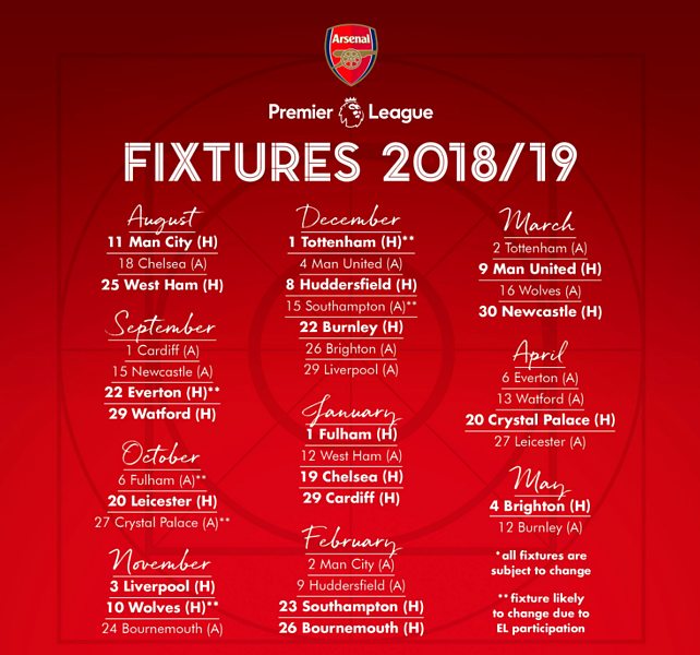 Premier League 18 19 Fixture Guide Arsenal