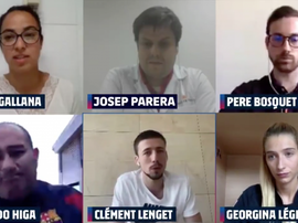 Lenglet participó en una charla con trabajadores del club. Captura/Twitter/FCBarcelona_es