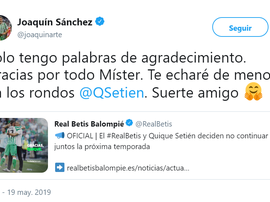 Joaquín se mostró agradecido con Setién. Twitter/joaquinarte