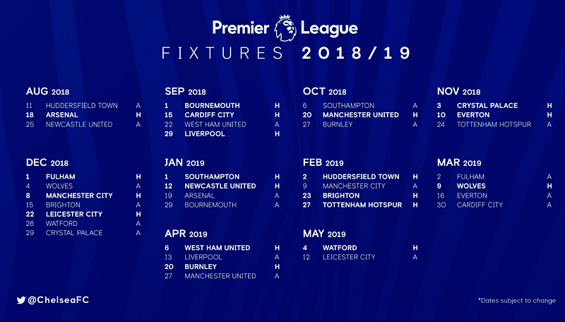 Premier League 18 19 Fixture Guide Chelsea