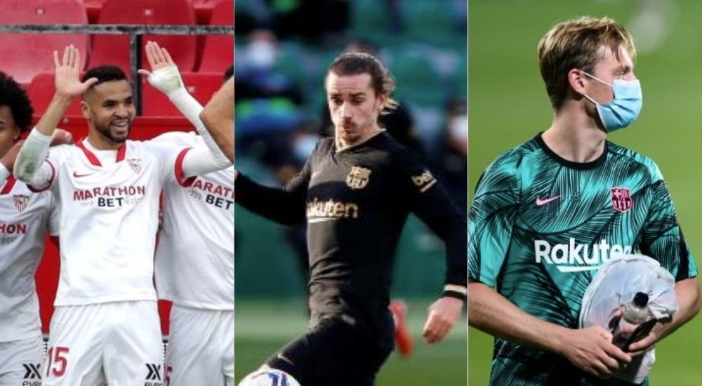 En-Nesyri, Griezmann y De Jong, titanes del fútbol español. EFE/AFP