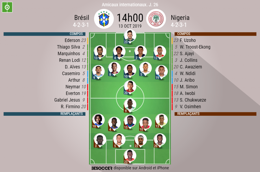 Les Compos Officielles Du Match Amical Entre Le Bresil Et Le Nigeria