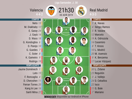 Compos officielles Valence - Real Madrid, Liga, J 30, 03/04/2019, BeSoccer.