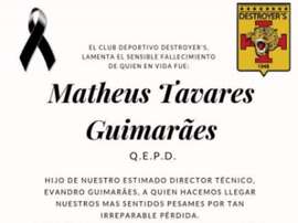 El club dio el pésame al entrenador y su familia. DestroyersSCZ