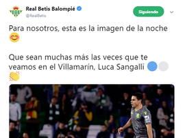 El Betis publicó este tweet con mensaje para Sangalli. Twitter/RealBetis