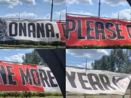 Con esta espectacular pancarta le piden a Onana que siga en el Ajax. Capturas/Goal