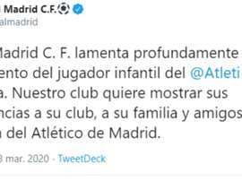 El Real Madrid mandó un mensaje de condolencias al Atlético. Twitter/RealMadrid
