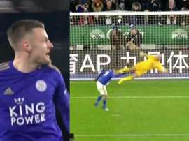 Vardy solo tardó cuatro minutos en marcar tras volver de su lesión. Capturas/DAZN