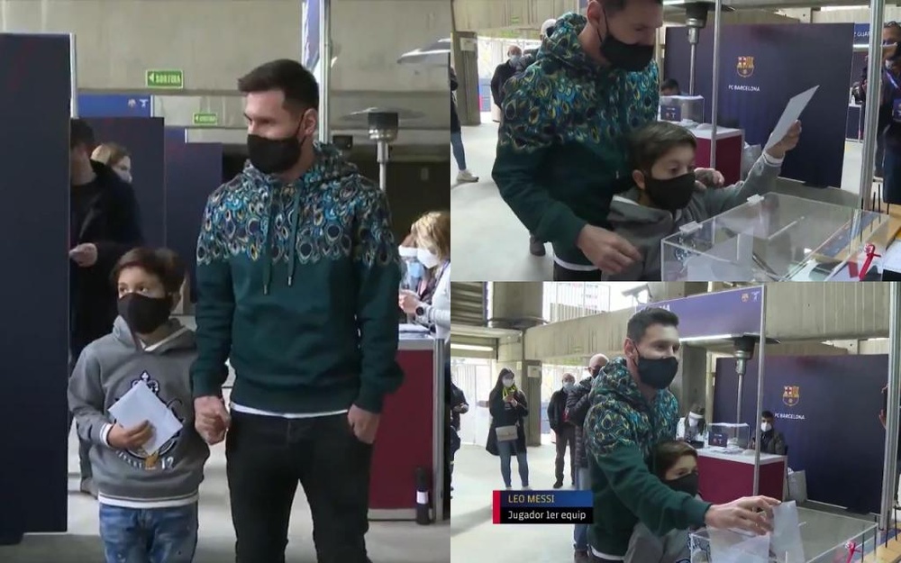 Messi votou acompanhado do seu filho Thiago. Captura/BarçaTV
