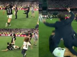 Gabriel se pasó de revoluciones celebrando... ¡vaya entrada a Marcelino!. Capturas/Valencia