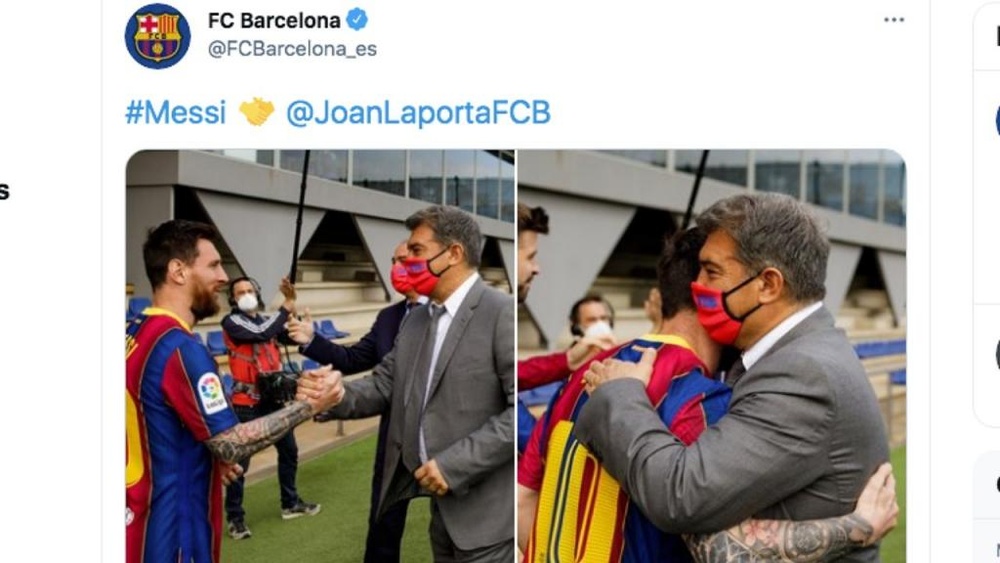 Messi and Laporta embrace. Captura/Twitter/FCBarcelona_es
